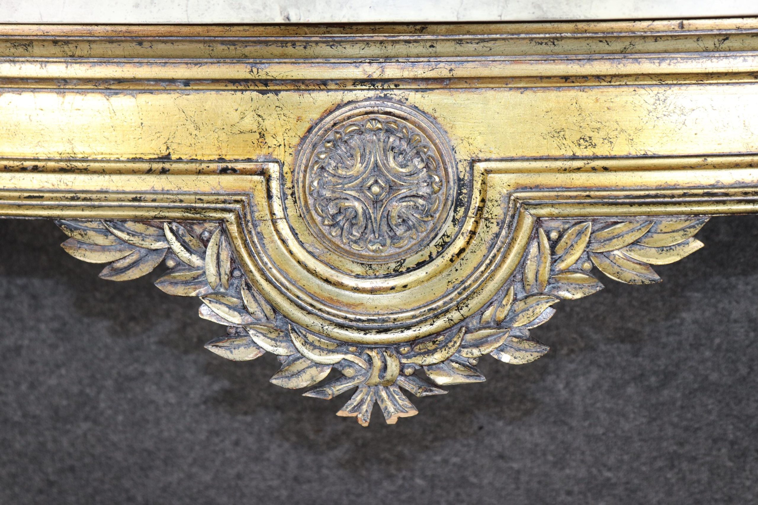 louis XVI Style Distressed Gold Gilt Faux Marble Top Wall Mounted Console Table, Entryway Table - Image 8