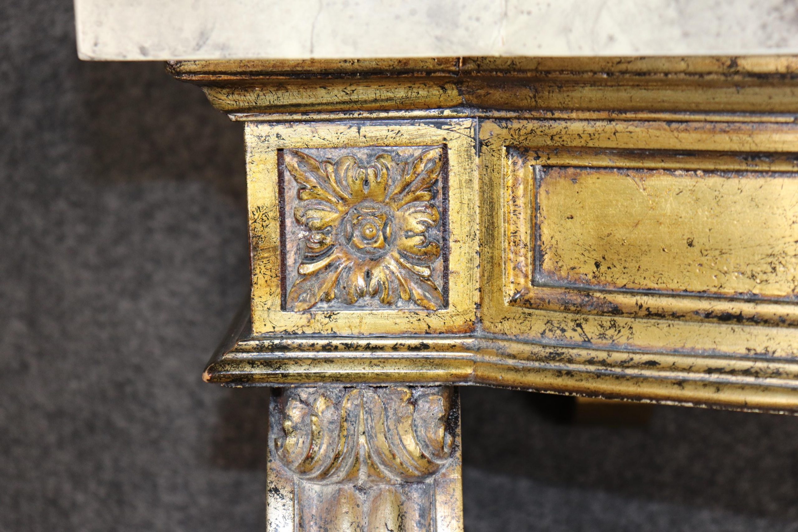 louis XVI Style Distressed Gold Gilt Faux Marble Top Wall Mounted Console Table, Entryway Table - Image 11