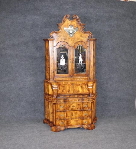 Italian Vintage Bombe Secretary Desk with Etched Venetian Panels, Living Room Furniture