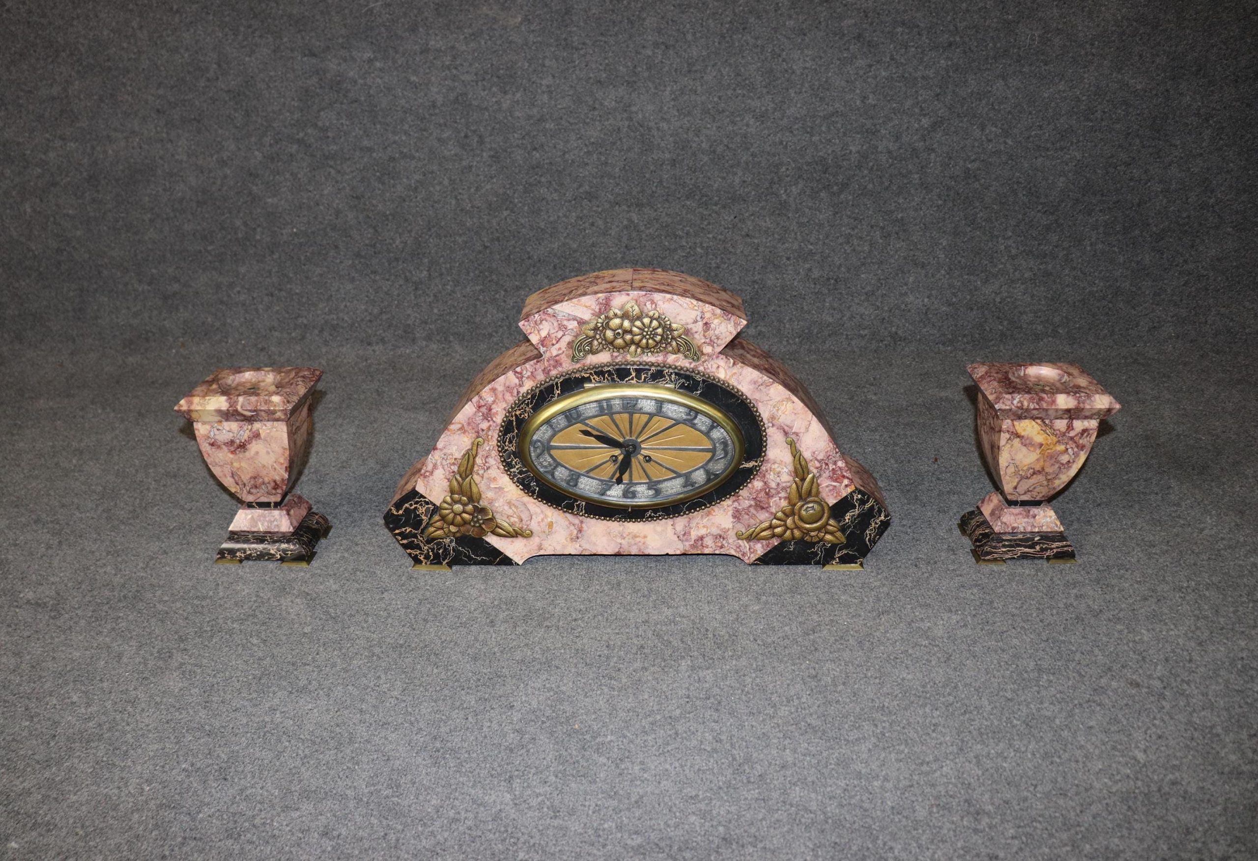 French Art Deco 3 Piece Clock Set, Mantle Clock