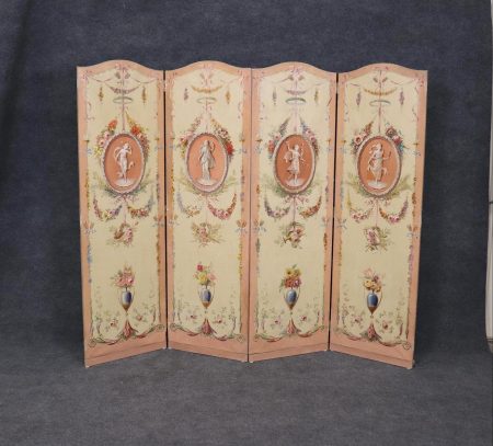 Antique 19th Century Louis XVI Style Paint Decorated 4 Panel Screen, Room Divider