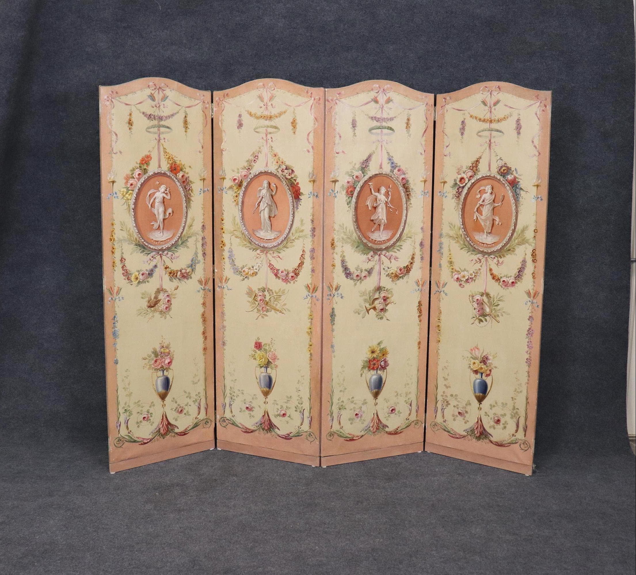 Antique 19th Century Louis XVI Style Paint Decorated 4 Panel Screen, Room Divider