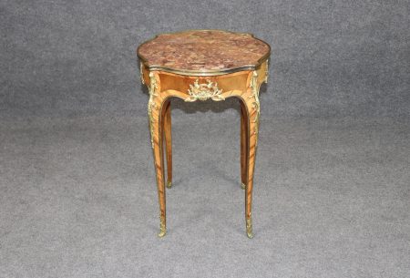 Antique French Louis XV Style Bronze Mounted Inlaid Marble Top Accent Table, End Table