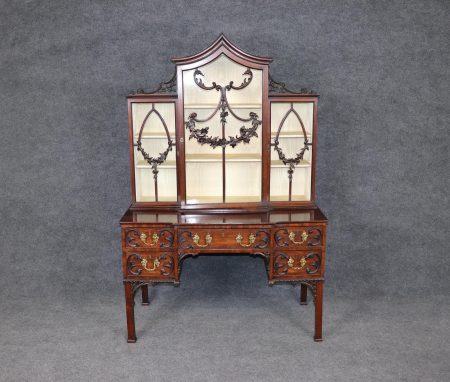 Antique English 2 Piece Carved Mahogany China Cabinet, Display Cabinet