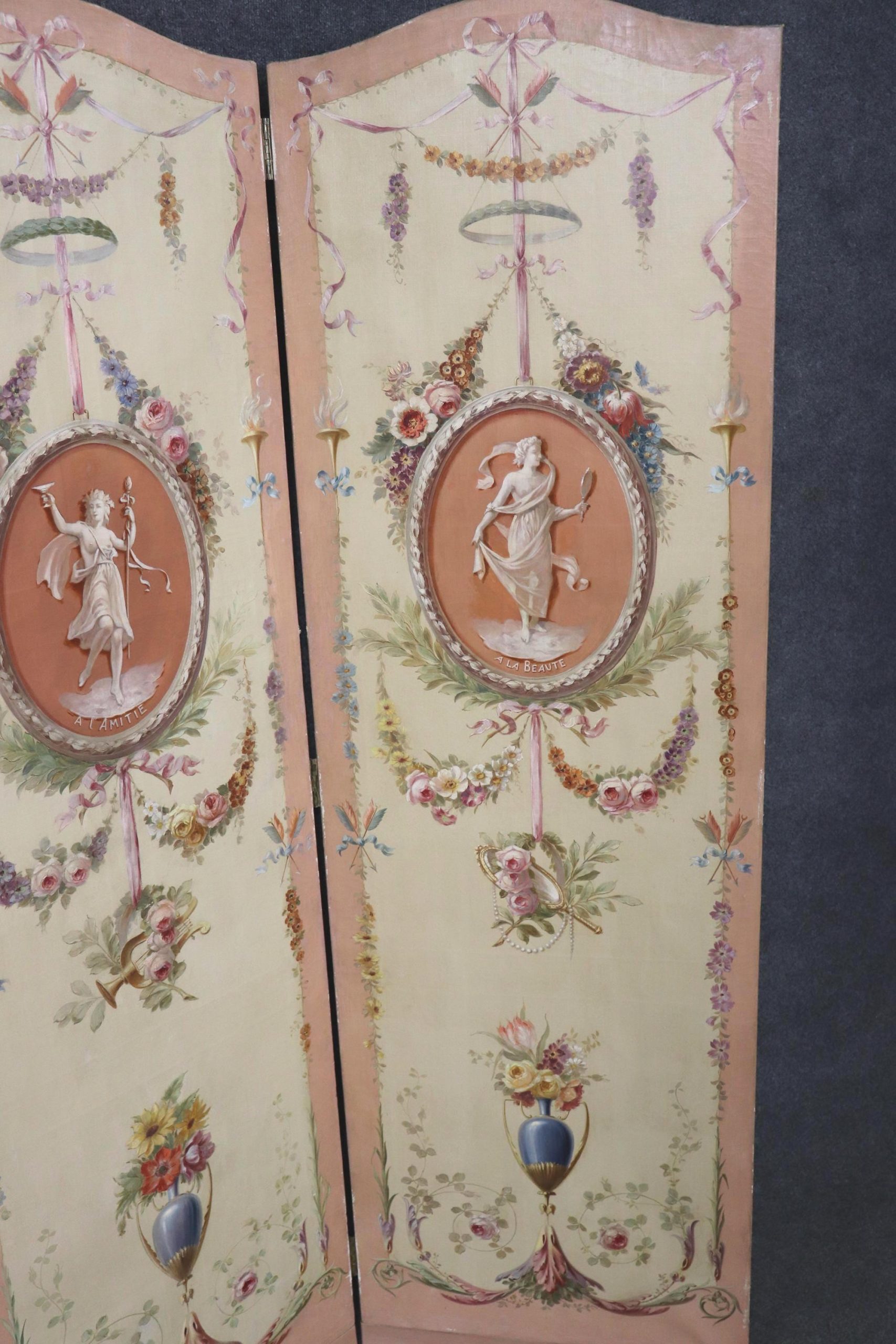 Antique 19th Century Louis XVI Style Paint Decorated 4 Panel Screen, Room Divider - Image 2