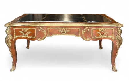 Antique Louis XV Style Gilt-Bronze & Marquetry French Bureau Plat Writing Desk, 1880-1920